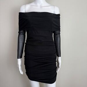 Commense Black Off‎ the Shoulder Long Sleeve Ruched Bodycon Mini Dress size M